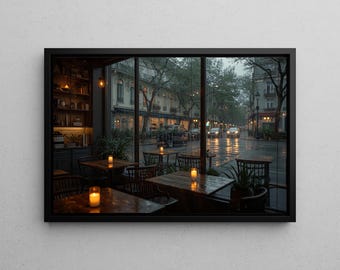 Rainy Cafe Canvas Wall Art | Cozy Coffee Shop Window View Poster | Moody City Street Decor | Warm Aesthetic Wall Art Gift