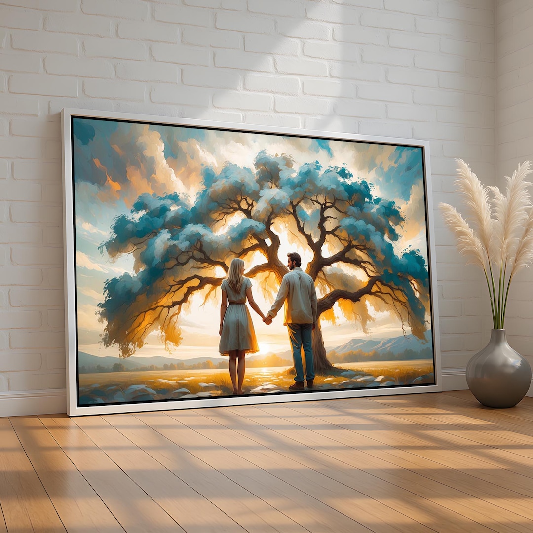 Romantic Couple Under Tree Wall Art | Love Sunset Canvas & Poster ...