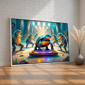 May include: A framed art print featuring a whimsical scene of a turtle DJing on a turntable, surrounded by dancing frogs in a forest setting. The artwork has a vibrant color palette with blues, greens, and yellows, creating a lively and imaginative composition.