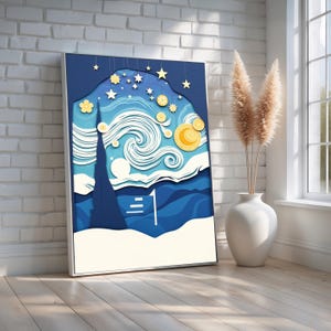 Whimsical Starry Night Wall Art | Paper Cut Style Celestial Sky Canvas | Dreamy Nursery or Bedroom Decor | Gift for Star Lovers