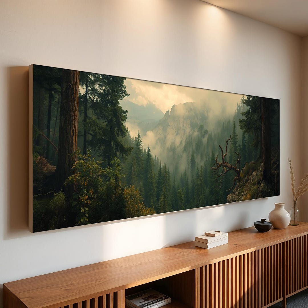 Panoramic Forest Canvas Wall Art | Misty Evergreen Mountain Wilderness ...