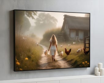 Peaceful Farm Path Canvas Wall Art | Dreamy Rustic Cottage Scene with Chickens | Farmhouse Country Decor for Living Room Bedroom