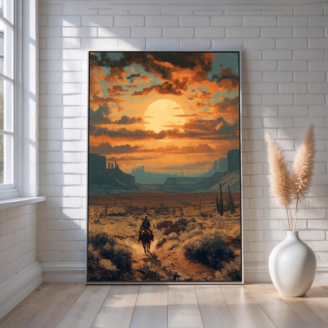 Western Desert Portrait | Cowboy Sunset Canvas Wall Art | Southwestern ...