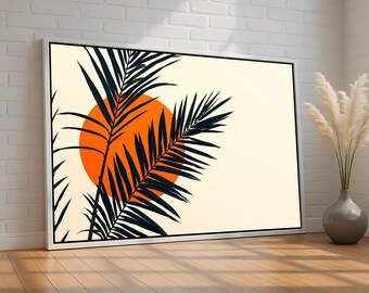 Minimalist Palm Leaf Poster | Tropical Sunset Canvas Print with Orange Sun | Boho Modern Wall Art for Living Room or Office | Ready to Hang
