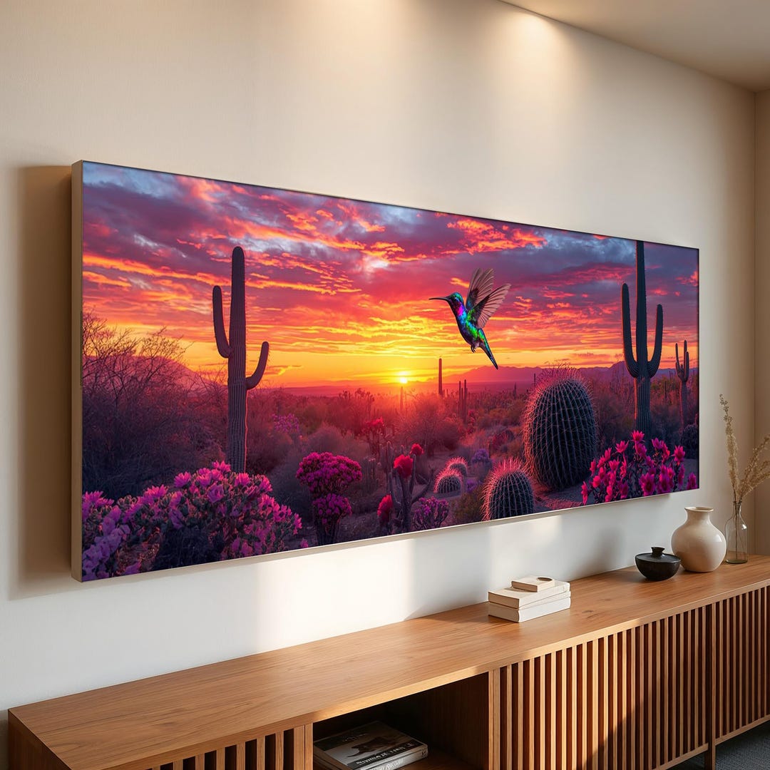 Panoramic Desert Sunset Canvas Wall Art | Vibrant Cactus Landscape With ...