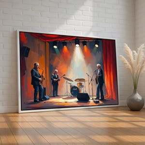 Jazz Band Wall Art | Vintage Music Canvas Poster | Saxophone Guitar Drum Set Painting | Retro Stage Performance Decor | Ready to Hang