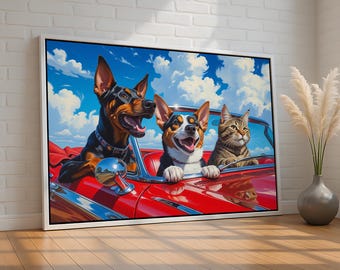 May include: A framed art print depicts a red convertible car with a Doberman Pinscher, a Corgi, and a tabby cat as passengers. The sky is blue with fluffy white clouds. The dogs and cat appear happy.