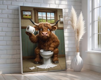Funny Highland Cow Bathroom Art | Farmhouse Bathroom Humor Wall Decor | Toilet Paper Crisis Canvas Print | Ready to Hang