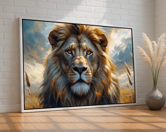 Lion Portrait Wall Art | Majestic Wildlife King of the Jungle Painting for Living Room Safari Decor | Canvas & Poster