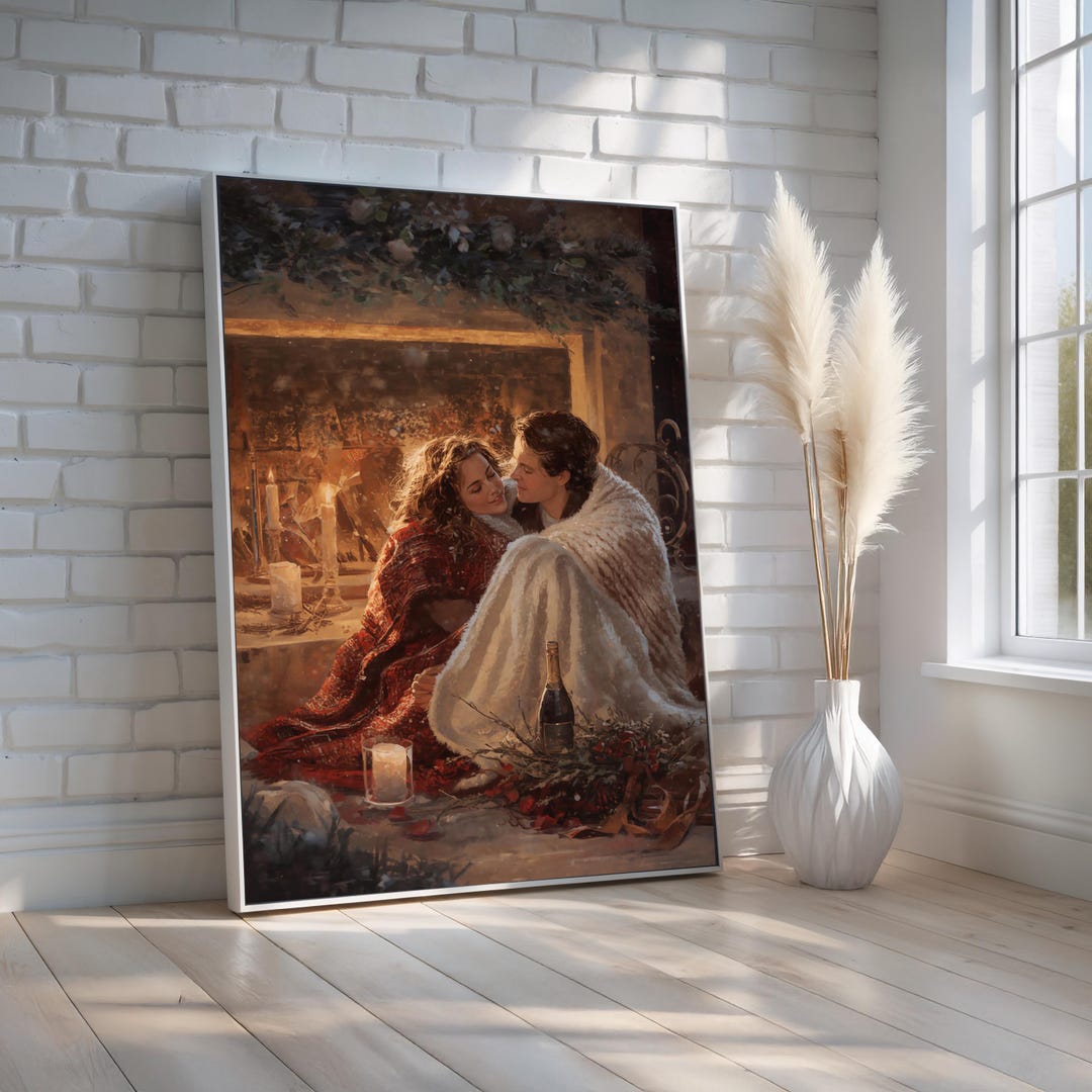 Cozy Romantic Winter Couple Canvas Wall Art | Fireplace Love Scene ...