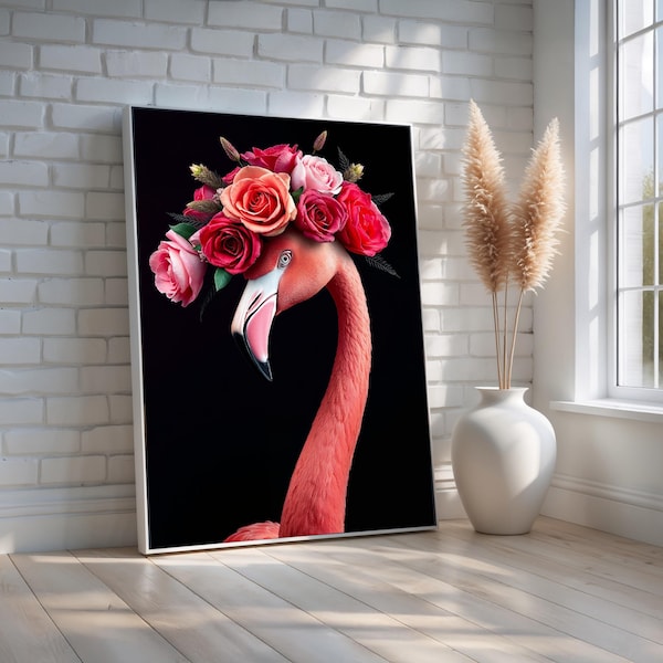 Flamingo with Flower Crown Wall Art | Bold Boho Animal Portrait | Glam Pink Bird Canvas for Eclectic Bedroom or Salon Decor | Ready to Hang