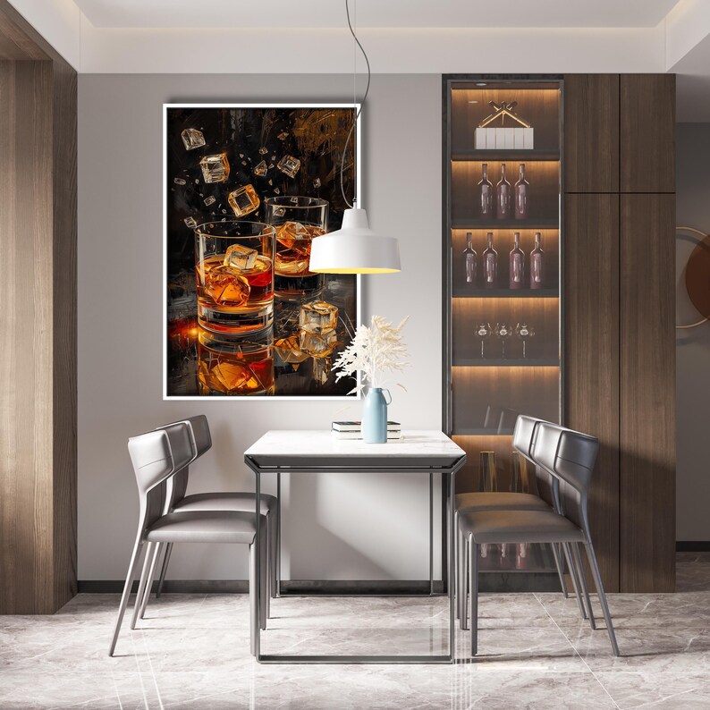 Whiskey Glasses With Ice | Modern Bar Wall Art | Luxurious Abstract ...