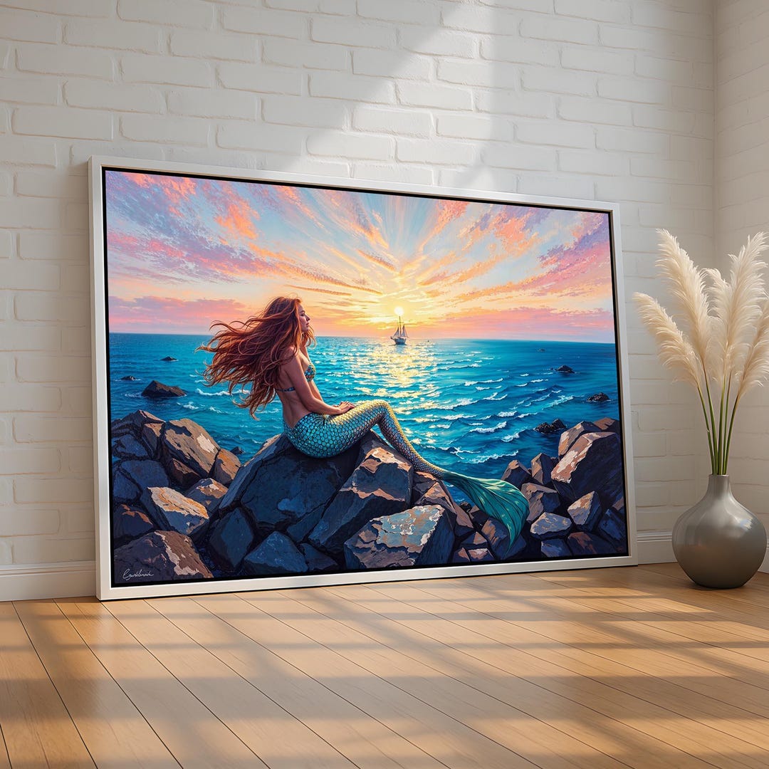 Mermaid Wall Art | Fantasy Ocean Sunset Canvas Print With Sailboat ...