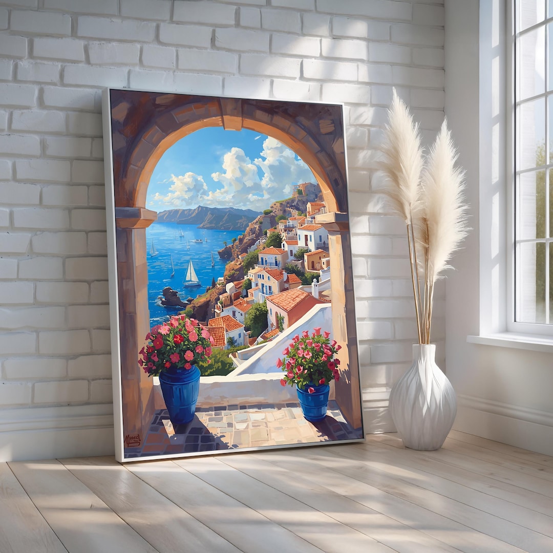 Mediterranean Coastal Village Canvas Wall Art | Colorful Seaside View ...