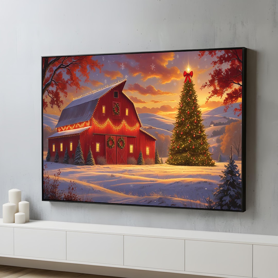 Christmas Barn Canvas Wall Art | Rustic Farm Holiday Poster | Festive ...