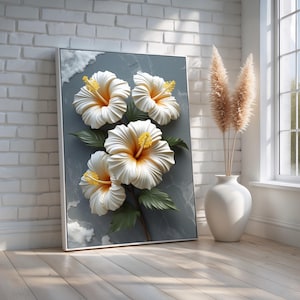 White Hibiscus Flower Wall Art | Ready to Hang Canvas | Tropical Botanical Print | Elegant Floral Artwork | Modern Coastal Home Decor