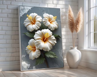 White Hibiscus Flower Wall Art | Ready to Hang Canvas | Tropical Botanical Print | Elegant Floral Artwork | Modern Coastal Home Decor