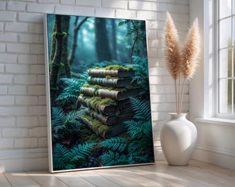 Enchanted Mossy Book Stack Wall Art | Mystical Forest Fantasy Print | Whimsical Nature Canvas for Library or Reading Nook | Ready to Hang