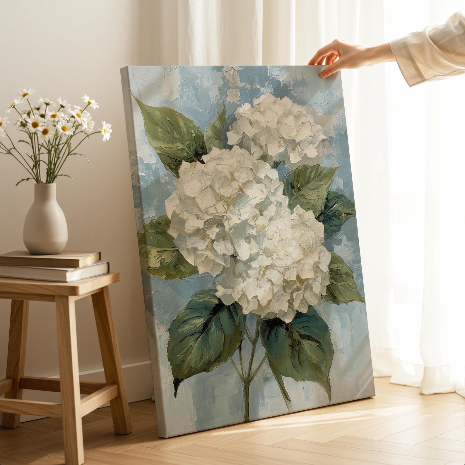 White Hydrangea Canvas Wall Art | Blue Floral Botanical Painting ...