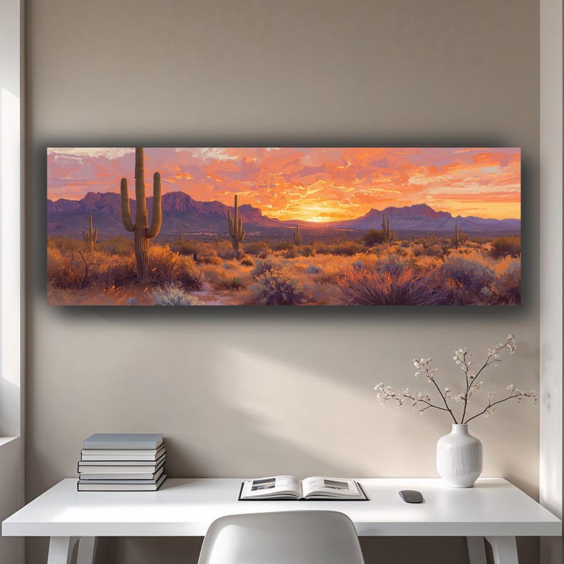 Desert Sunset Canvas Wall Art | Southwestern Cactus Landscape Painting ...