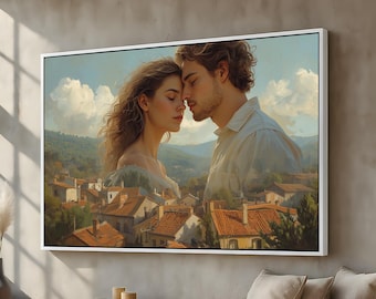Romantic Couple in Tuscany | Dreamy Love Portrait Canvas Wall Art | Surreal Painting of Lovers | Timeless Romantic Home Decor