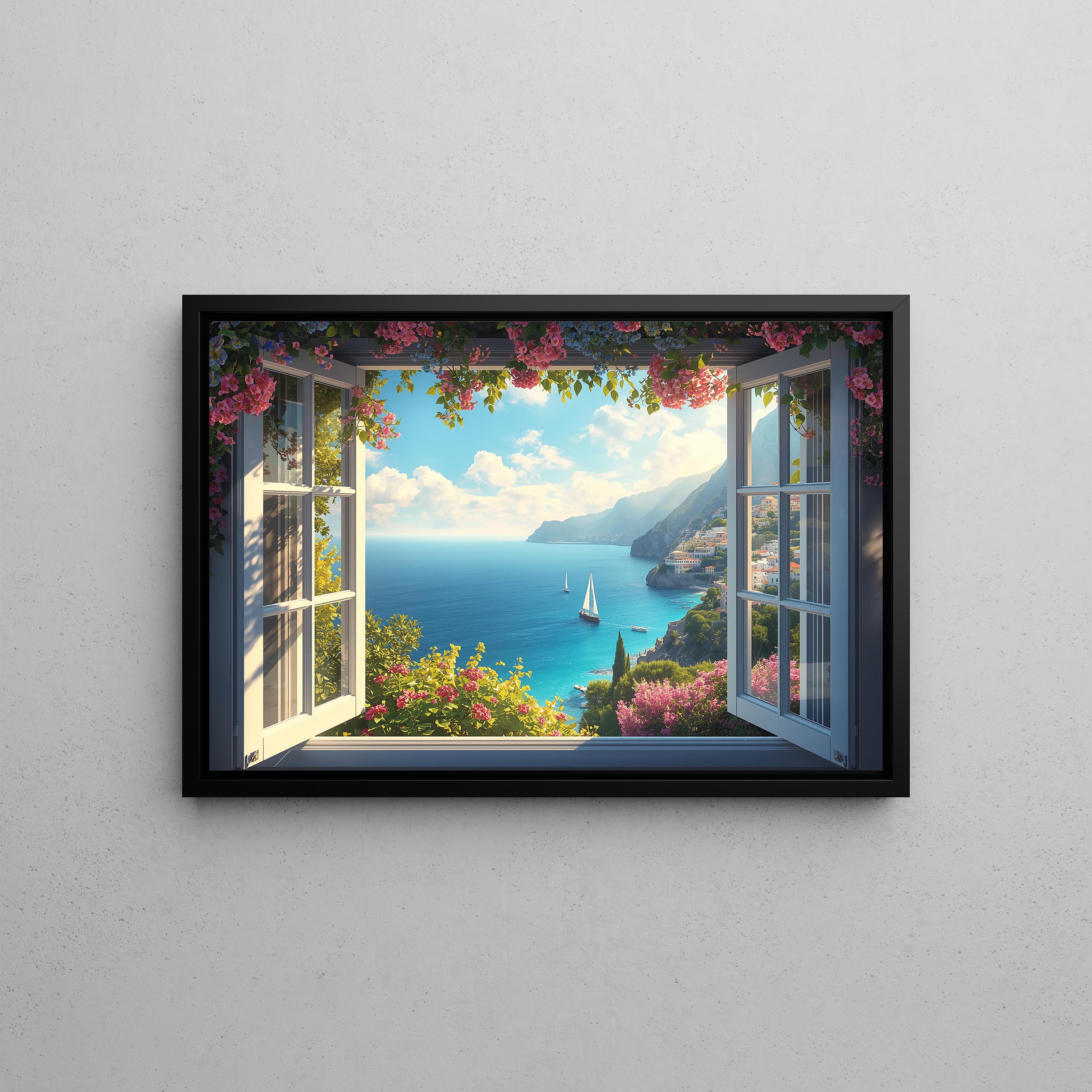Mediterranean Coastal View Canvas Wall Art | Amalfi Style Ocean Window ...