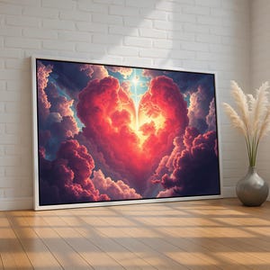 May include: A heart-shaped cloud formation in the sky, with a bright light shining through the center. The clouds are a mix of red, orange, and pink, with a dark blue background.