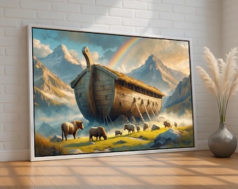 Noah’s Ark with Rainbow Wall Art | Christian Canvas or Poster | Religious Bible Story Artwork & Faith-Based Home Decor | Ready to Hang