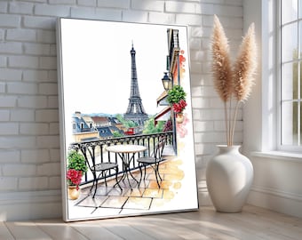 Paris Balcony View | Eiffel Tower Watercolor Wall Art | Romantic French Cityscape Print for Home Decor & Gifts | Ready to Hang