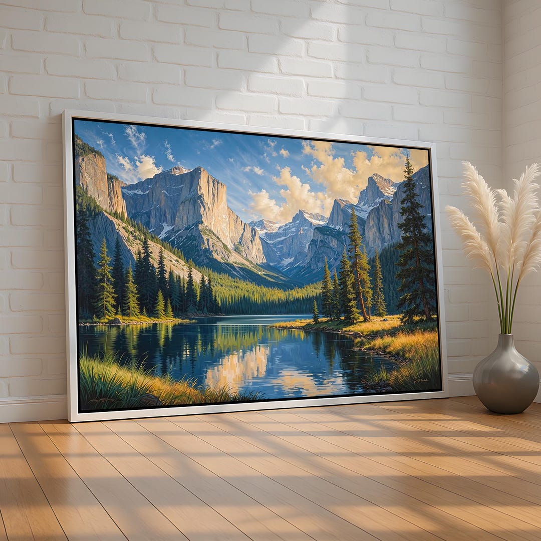 Majestic Mountain Valley Wall Art | Lake & Pine Forest Landscape Canvas ...