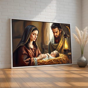 Holy Family Christmas Wall Art | Peaceful Nativity Canvas Print with Baby Jesus | Christian Religious Decor for Home or Gift | Ready to Hang