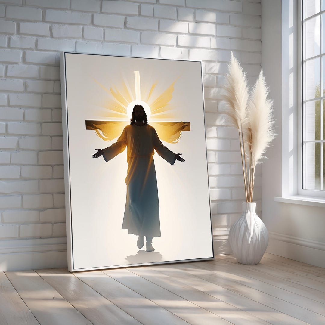 Jesus Glowing Cross Wall Art | Radiant Light Christian Canvas & Poster ...