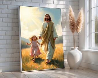 Jesus and Little Girl Canvas | Walking in Sunlit Field | Christian Wall Art for Child’s Room or Gift of Faith & Joy | Ready to Hang