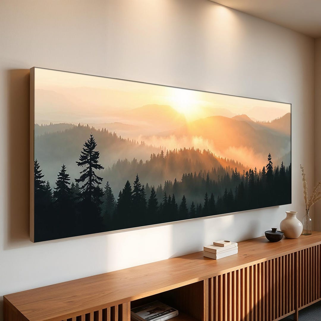 Panoramic Forest Sunrise Wall Art Misty Mountain Landscape Print Nature ...