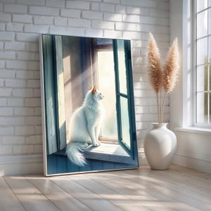 White Cat at the Window Wall Art | Cozy Cottagecore Animal Poster | Peaceful Sunlit Pet Canvas for Bedroom or Reading Nook | Ready to Hang