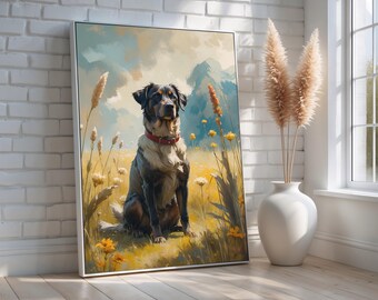 May include: A painting of a black and white dog sitting in a field of yellow wildflowers. The dog is wearing a red collar and has a serious expression on its face. The background is a blurry landscape with a blue sky.