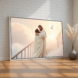 Embrace with Jesus Wall Art | Stairway to Heaven Christian Canvas | Spiritual Reunion Scene with Dove | Inspirational Gift | Ready to Hang