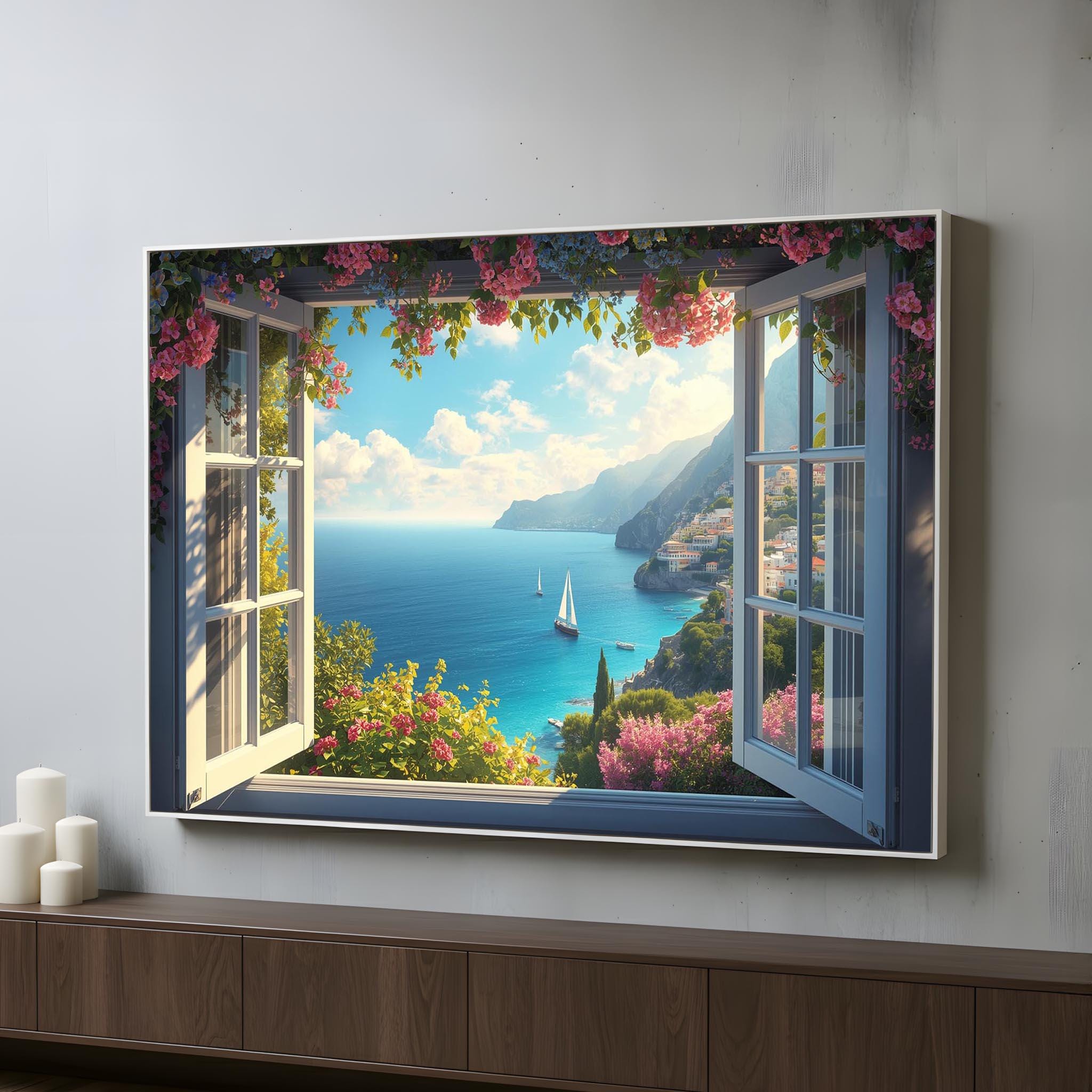 Mediterranean Coastal View Canvas Wall Art | Amalfi Style Ocean Window ...