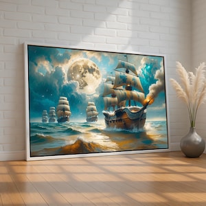 Moonlit Pirate Ship Wall Art | Dramatic Ocean Canvas or Poster | Full Moon Fantasy Sailing Scene for Nautical or Adventure Decor