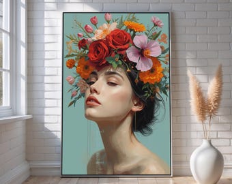 Floral Woman Portrait | Elegant Female Canvas Wall Art | Modern Botanical Home Decor | Vibrant Cultural & Portrait Artwork
