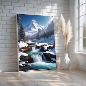 Snowy Mountain Waterfall Wall Art | Alpine Landscape Canvas or Poster | Rustic Cabin & Nature Decor for Home | Ready to Hang