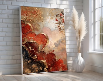 Luxury Abstract Heart Canvas Wall Art | Romantic Red Gold Love Painting | Valentine’s Day Wall Art | Modern Decor | Poster