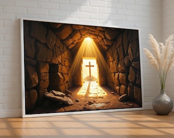 Empty Tomb and Cross Canvas | He is Risen Christian Wall Art | Resurrection Morning Light Print | Easter Home Decor | Ready to Hang