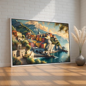 Mediterranean Coastal Town Wall Art | Colorful Italy Village Canvas & Poster | Romantic Seaside Travel Decor for Home | Ready to Hang