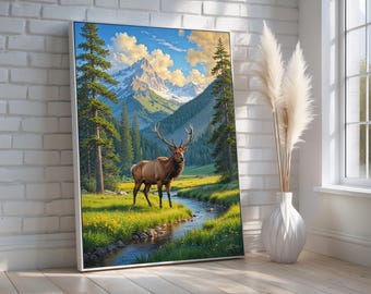 Majestic Elk Mountain Landscape Wall Art | Rustic Lodge Canvas or Poster | Wildlife Nature Decor for Cabin & Home | Ready to Hang