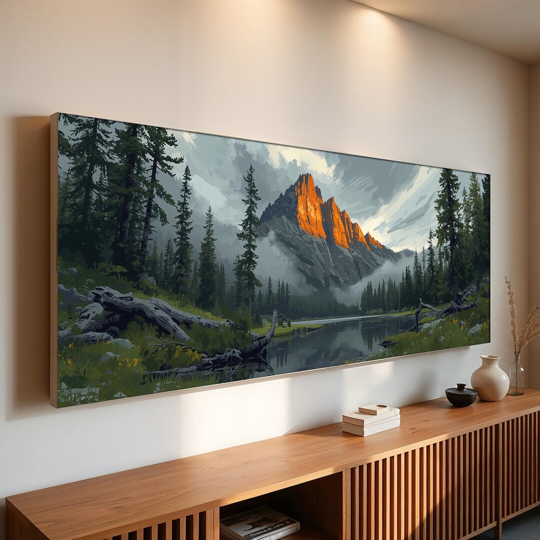 Panoramic Mountain Sunrise Canvas Wall Art | Serene Wilderness Lake ...