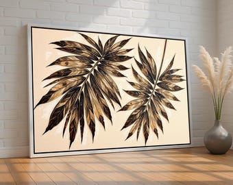 May include: A framed print of two large, stylized, gold and brown palm leaves on a cream background.