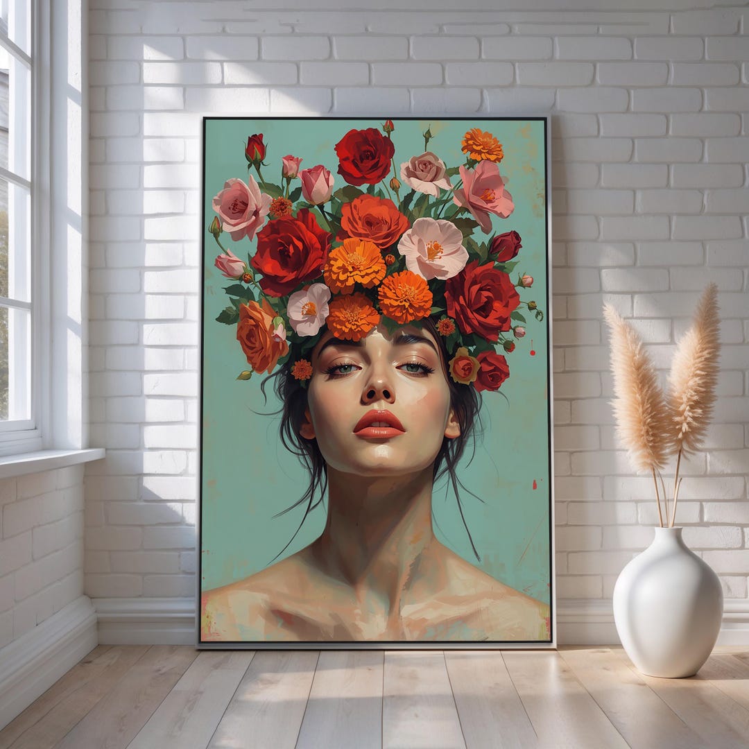 Floral Portrait Canvas Wall Art | Woman With Blooming Flower Crown ...