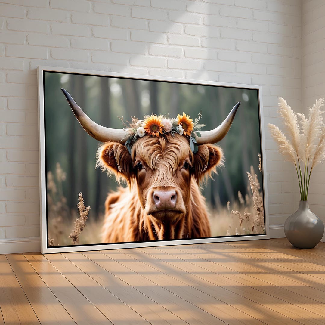 Highland Cow Canvas & Poster | Rustic Farmhouse Wall Art | Floral Crown ...