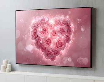 Valentines Day Wall Art Pink Rose Heart Canvas Wall Art | Romantic Love Poster | Dreamy Floral Decor | Framed Ready to Hang Art